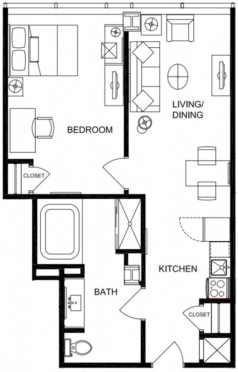 Floor plan for 1 bed, 1 bath, 735 sqft